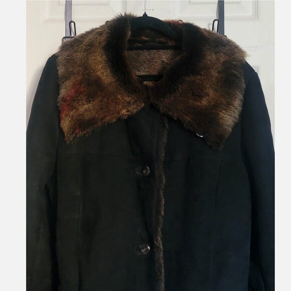Shearling Sheepskin Wool Fur Coat Jacket Black Women L 40 Overcoat Pea Coat - Picture 4 of 15